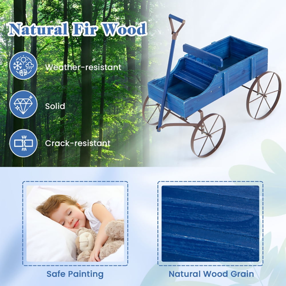 Resenkos Raised Planter Boxes, Large Space Elevated Flower Beds,Wooden Wagon Plant Bed with Metal Wheels for Garden Yard Patio-Blue