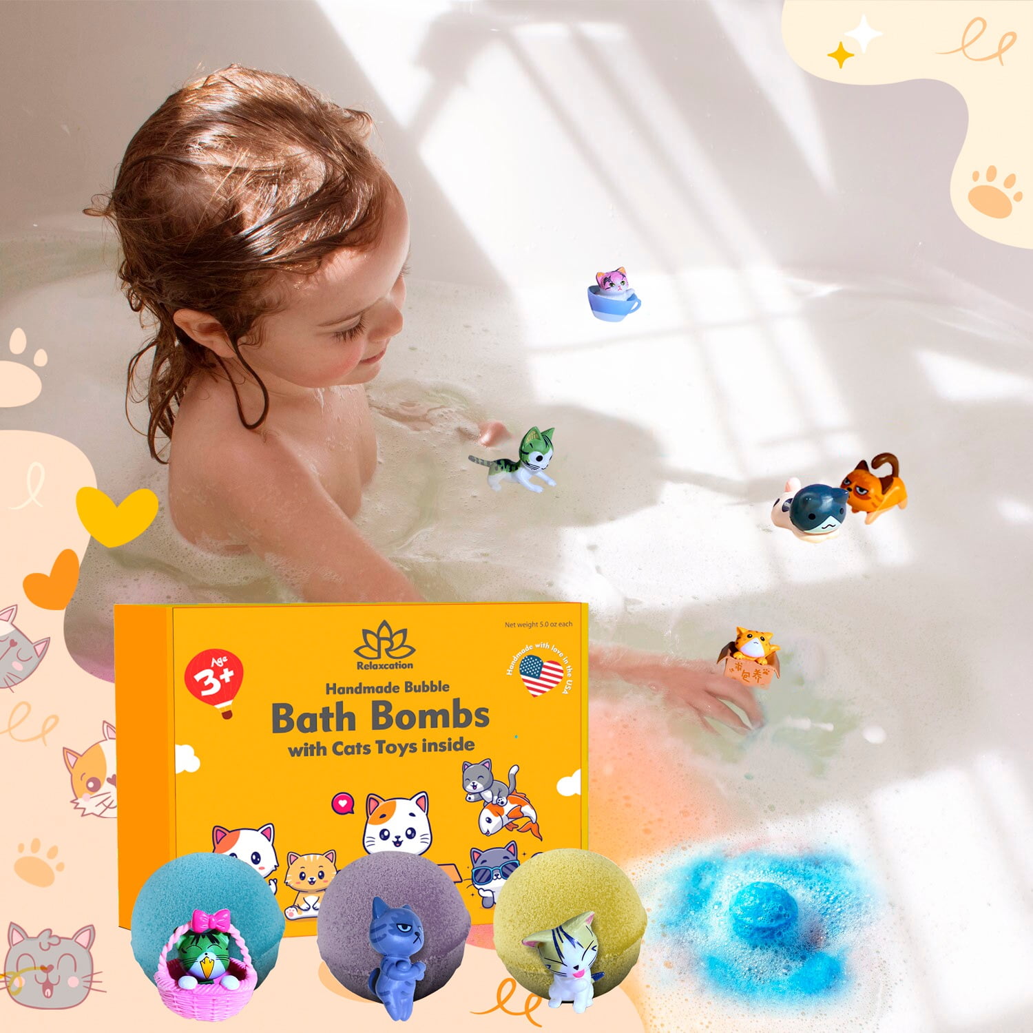 Bath Bombs for Kids with Surprise Inside Cute Cats Toys Handmade in USA Natural and Safe by Relaxcation