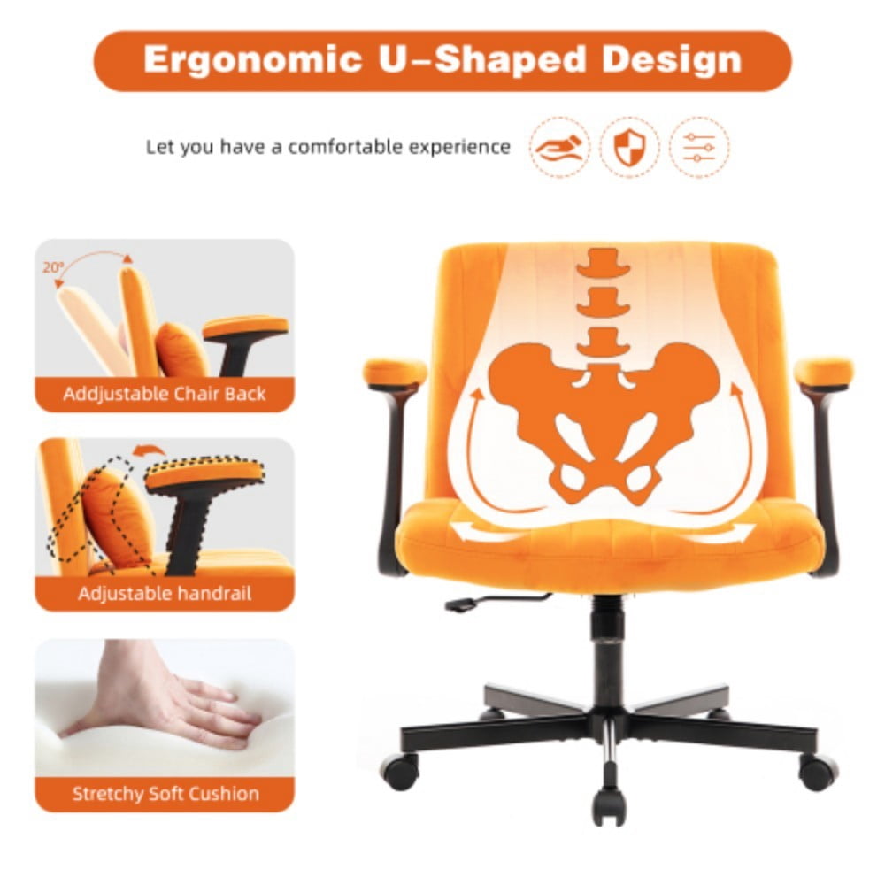 Velvet Criss Cross Office Chair with Wheels, Modern Upholstered Desk Chair with Adjustable Height, 360° Swivel & Tilt, Orange