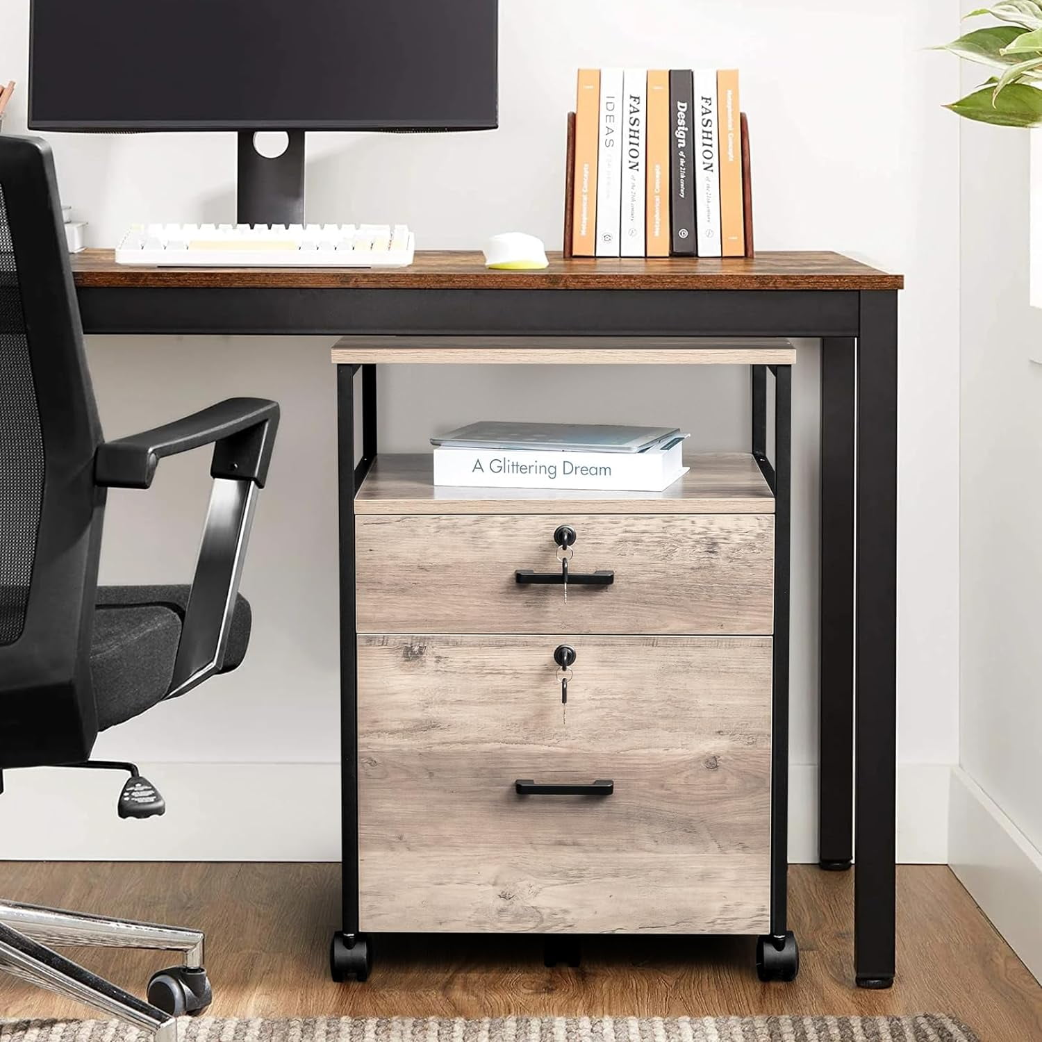 Wooden File Cabinet with 2 Drawers 1 Shelf Bookcase, Filing Cabinet for Legal Letter Storage with Printer Stand for Home Office Lateral File Cabinets Compact Design Wood Black
