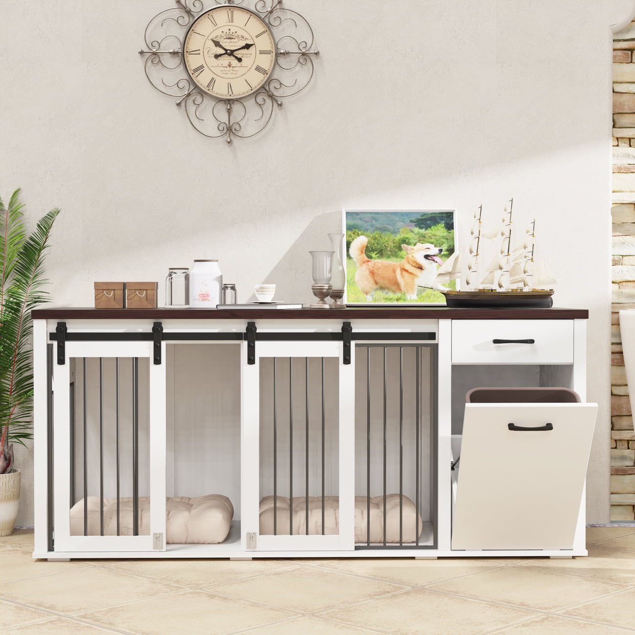 71'' Multi- Functional Dog Crate Furniture for 2 Dogs with Divider and Sliding Doors, Large Dog Kennel with Storage Drawer and Tilt Out Trash Cabinet, Whilte
