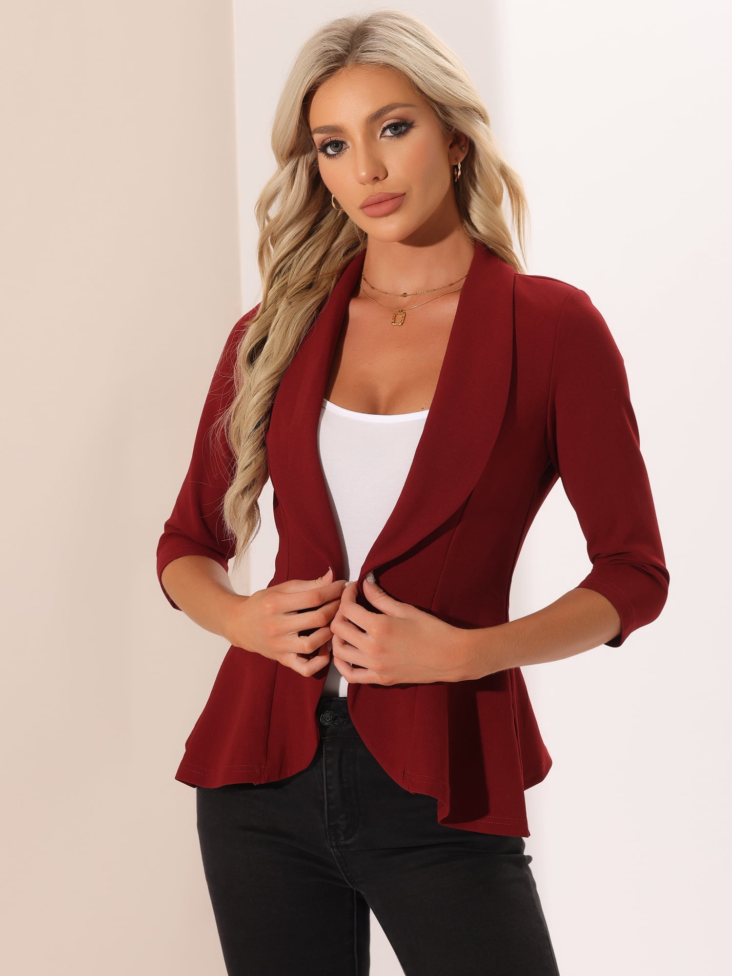 DARING DIVA Women's Draped Collar Open Front Blazer Ruffle Jacket L Red