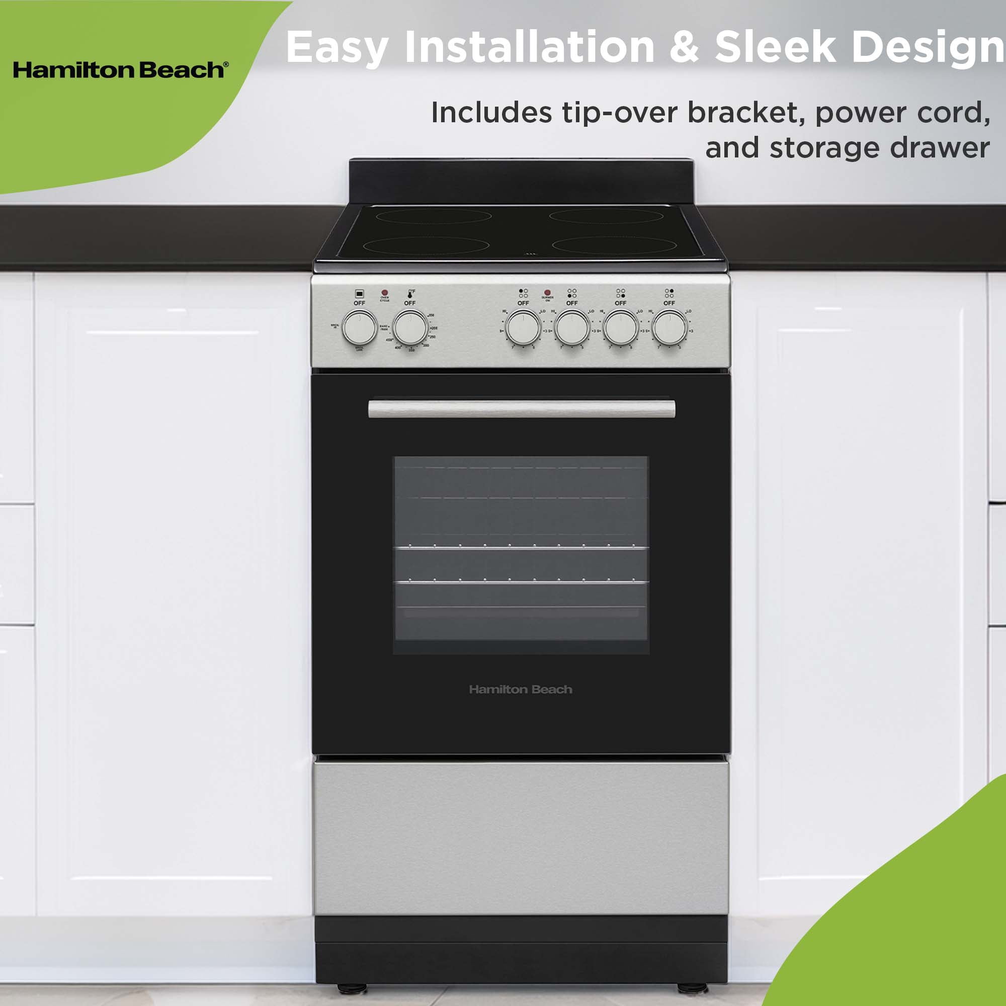 Hamilton Beach 20" Electric Range, Vitroceramic Top, With Shallow Tray, Inox