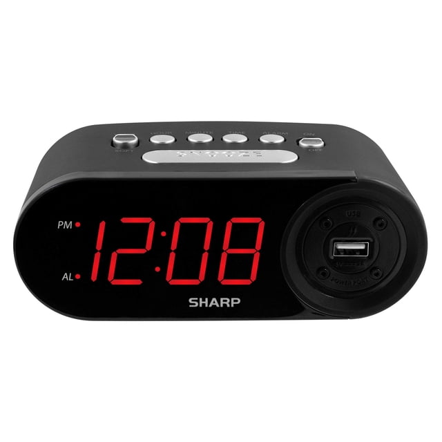 Reloj despertador digital SHARP de fácil lectura con carga USB de alta velocidad para teléfonos y tabletas, funcionamiento sencillo, negro medianoche