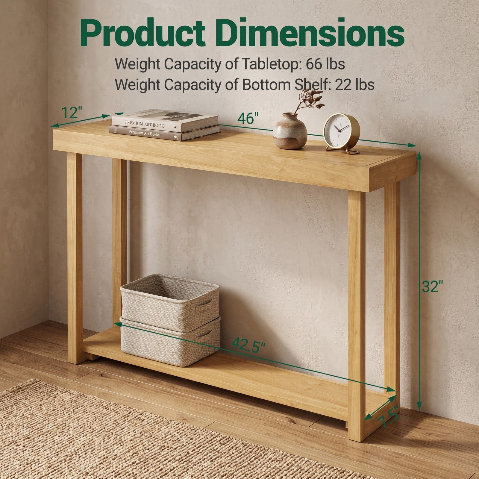 Furnibear 46 Inch Solid Wood Console Table 2-Tier Narrow Farmhouse Sofa Table with Storage Shelf for Living Room, Natural