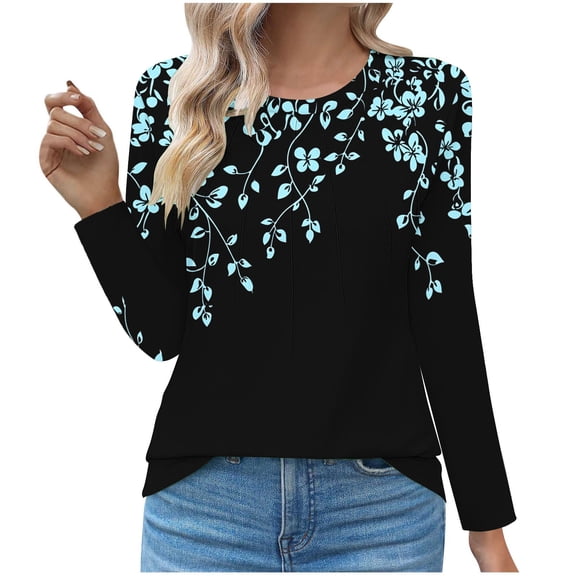 Womens Tops Printed Floral Blouse Round Neck Long Sleeved Casual Loose Casual Top,Tops for Women Black