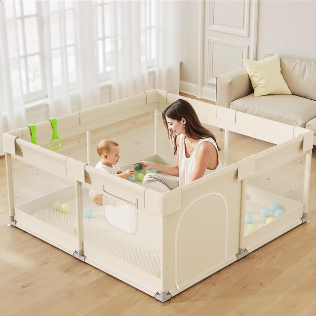 Corral para bebés UANLAUO 120x120 cm beige con malla de seguridad