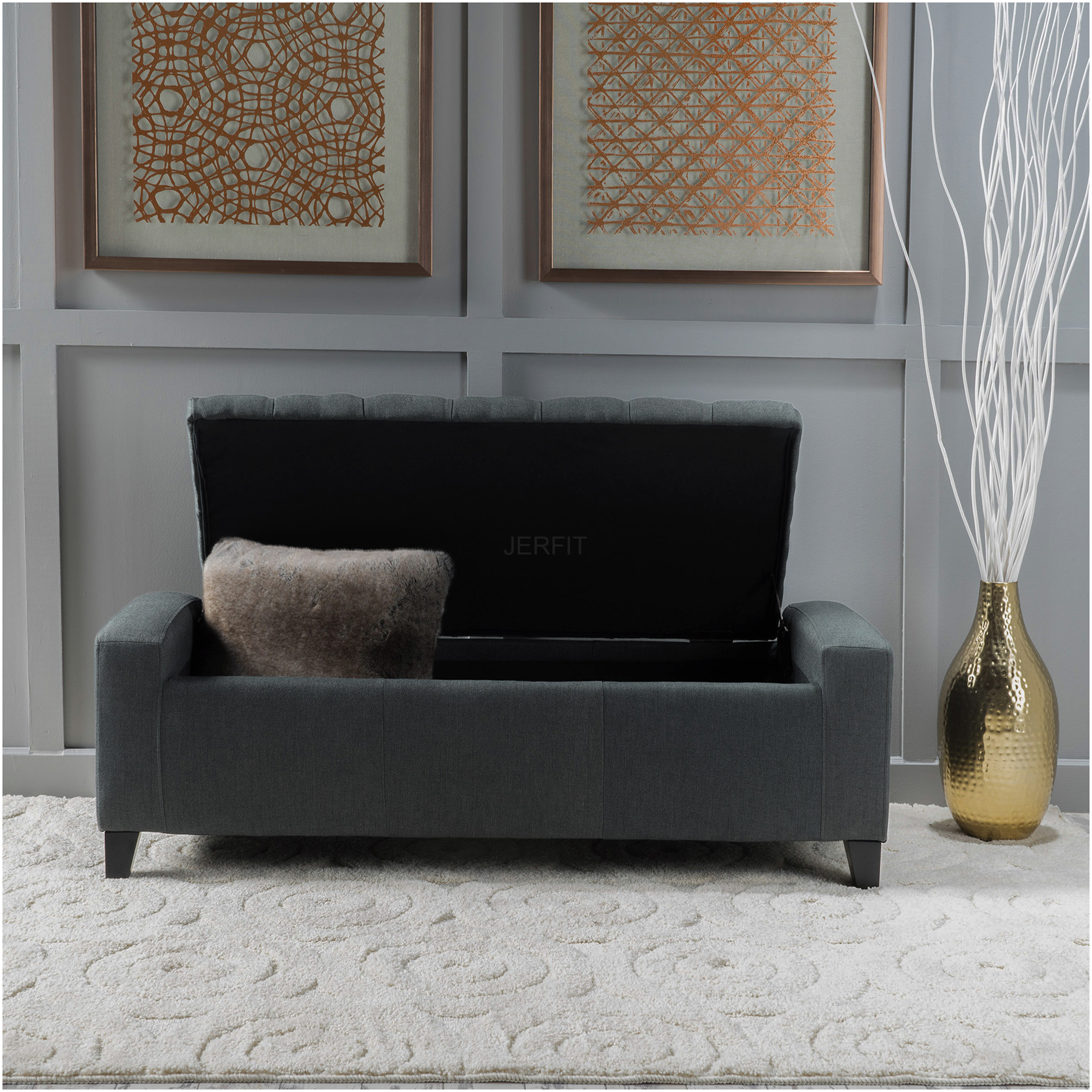 JERFIT Dark Gray Fabric Storage Ottoman Bench with Tufted Top, Multi-Functional Footrest Seat and Hidden Storage Chest for Living Room, Bedroom