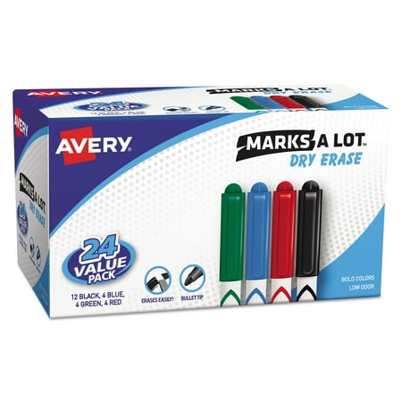 Avery Marks-A-Lot Pen-Style Dry Erase Markers, Bullet Tip, Assorted, 24/Set