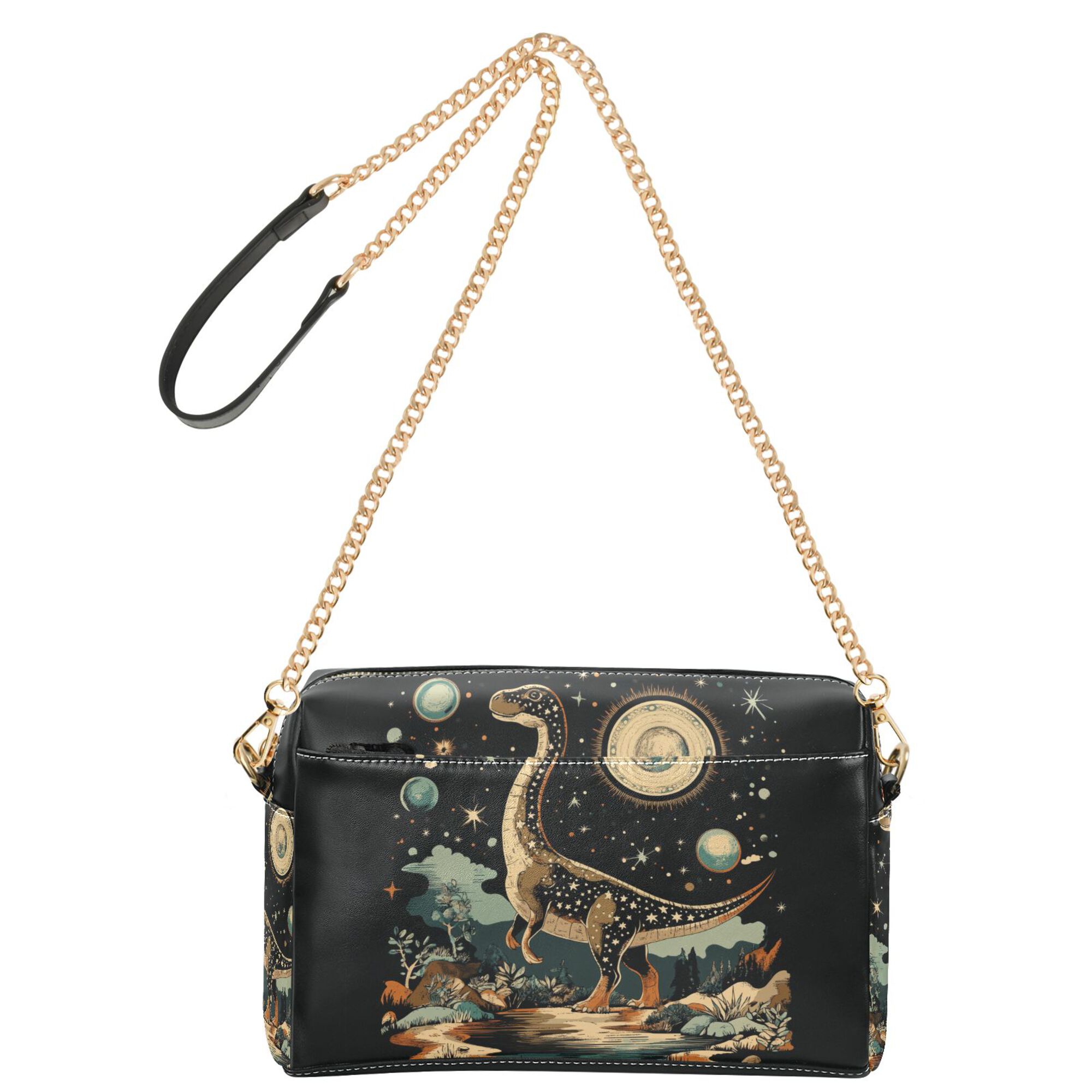 FORMRS Women Crossbody Purse with Chain Strap Vegan Leather Shoulder Handbag, Black Dinosaur
