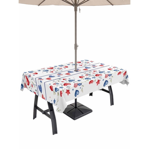 Outdoor Tablecloth with Umbrella Hole and Zipper, Independence Day Rectangle Table Cloth 60x102 Inch Waterproof Tablecloth, 4th of July Red Blue Strip Love Leaves Picnic Table Cover for Patio Camping