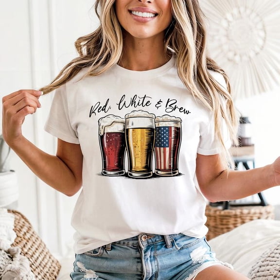 Fourth Of July Red White and Brew Men’s And Women's Graphic Tee 100% Cotton by TBun, Full Sizes S-5XL