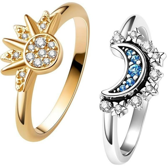 Celestial Sun and Moon Ring Set, Sparkling Sun Ring/Blue Moon Ring with 14k Gold/Silver Plating, Friendship Promise Ring, Stackable Celestial Rings, Gift for Women