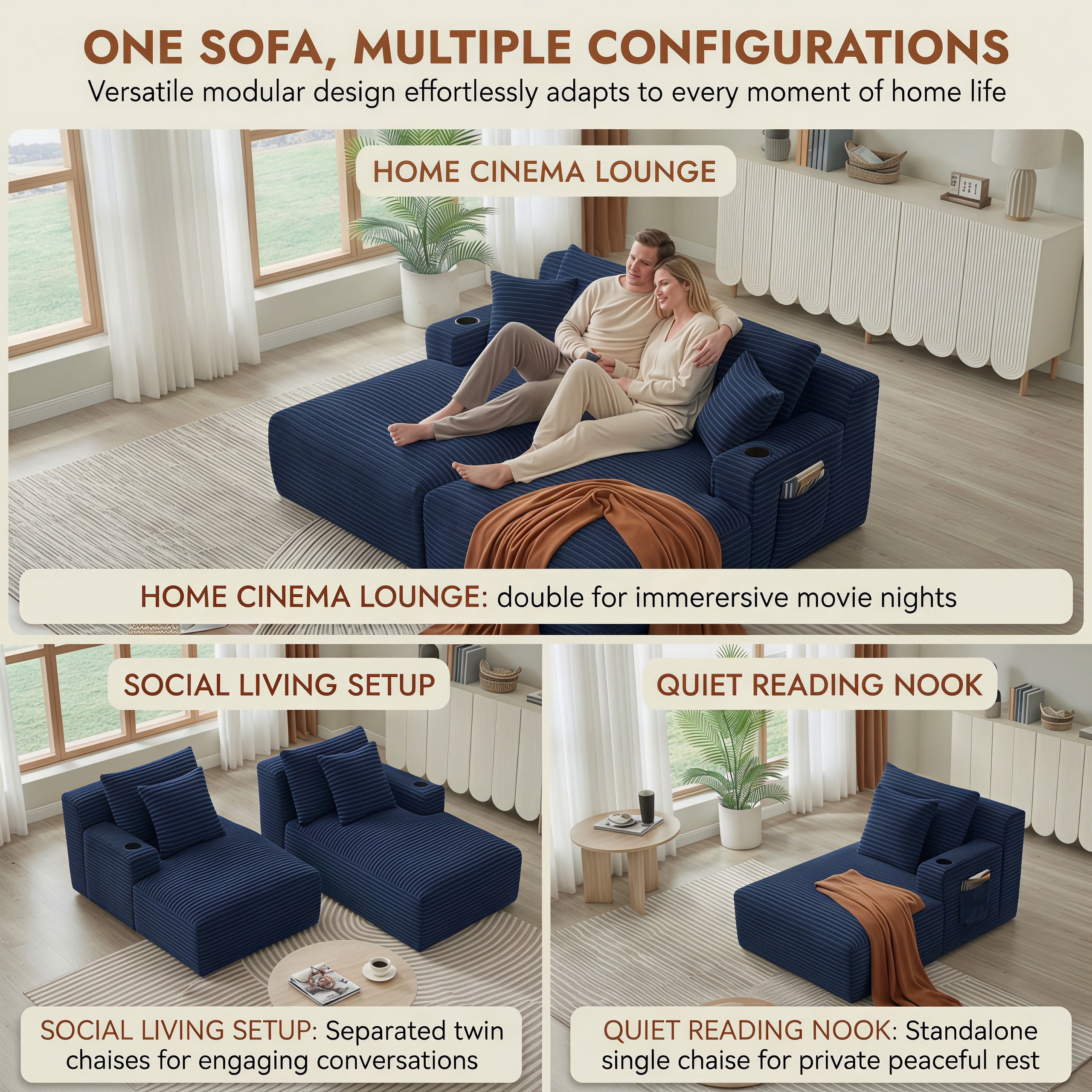 Modular Double Chaise Lounge Chair Indoor, 71" Wide Striped Corduroy Couch Set with Cup Holders & Storage Pockets for Living Room Home Theater, Blue