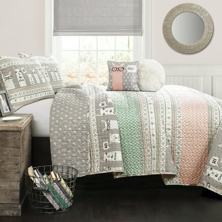 Lush Decor Llama Stripe Kids Animal Print Reversible Quilt, Twin, Pink/Turquoise, 4-Pc Set