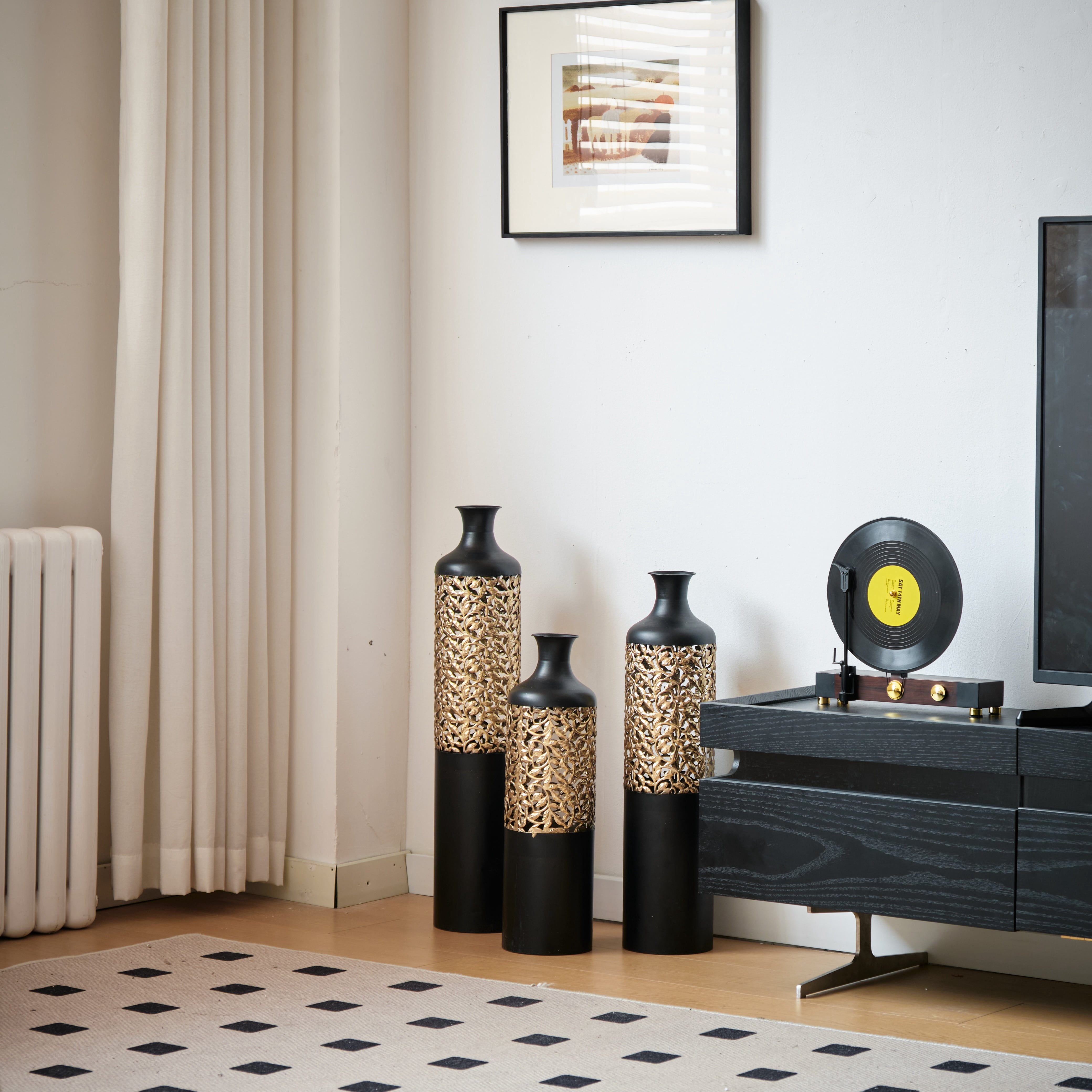 Aukfa Metal Decorative Tall Floor Vase,Set of 3 Large glazed Vases,20.8"/ 24.8"/28.7" H,Black