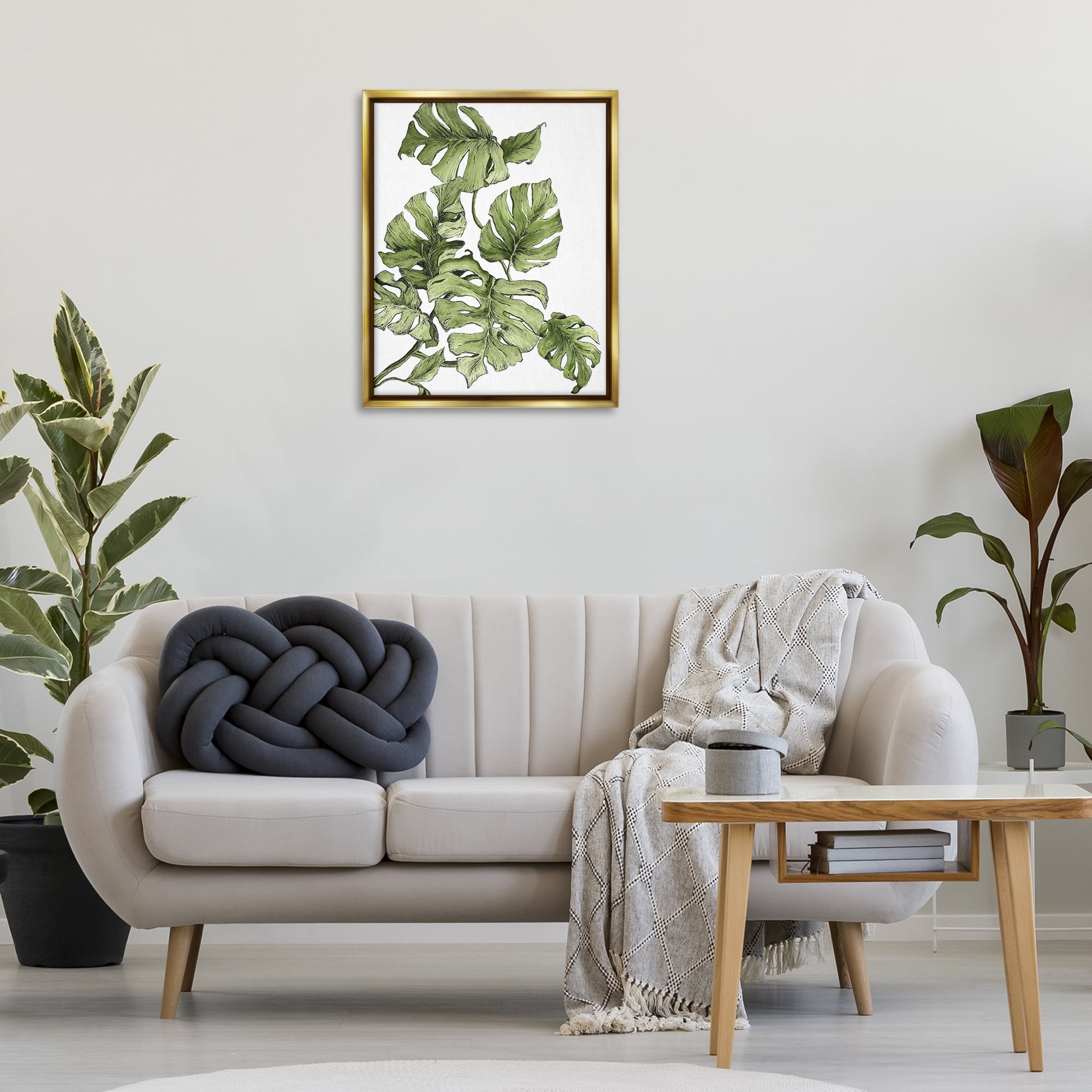 Stupell Industries Falling Monstera Leaves Botanical & Floral Painting Gold Floater Framed Art Print Wall Art, 25 x 31