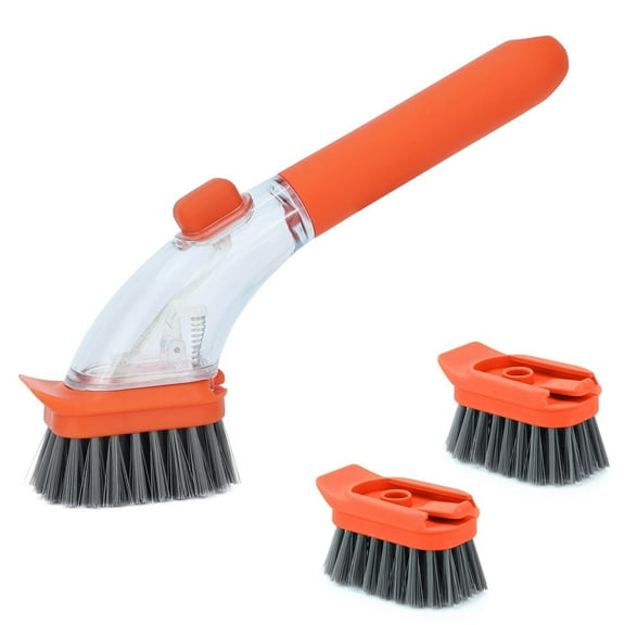Soap Dispensing Dish Brush with Handle, Kitchen Scrub Brush for Dishes Pots Pans Sink Cleaning (Orange)