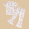 thumbnail image 4 of WRKEKC Girls 2 Piece Outfits Bow Print Short Sleeve Top Long Flare Pants Casual Soft Daily Summer Cotton 12 Months-5 Years, 4 of 6