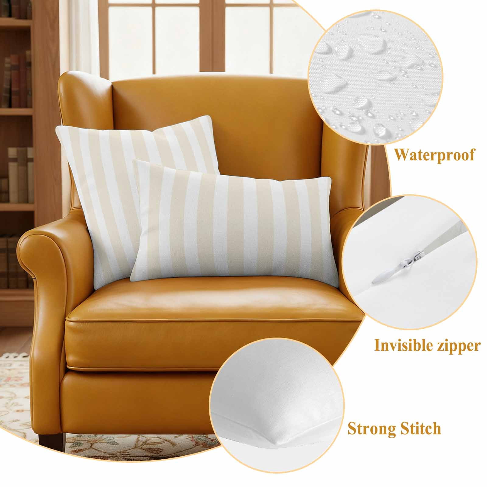 Cream and Outdoor Pillow Covers 18"x18" Set of 2, White Striped Geometric Waterproof Throw Pillow Covers for Patio Furniture, Decorative Cushion Covers for Porch