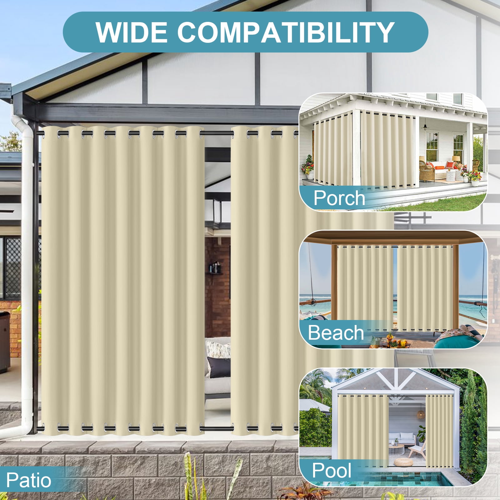 DONGPAI 100" Wide Outdoor Curtains for Patio Waterproof Blackout Privacy UV Resistant with Top and Bottom Grommet for Porch, Gazebo, Pergola, 100"x 108", Beige, 1 Panel