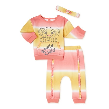 Lion King Baby Girls Sweatshirt and Jogger Pants Set with Headband, 3-Piece