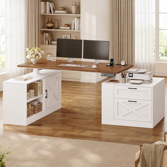 71" Farmhouse L Shaped Standing Desk, Electric Height Adjustable Corner Desk with Storage Cabinet & File Drawers, Sit Stand Table with Power Outlets for Home Office, White