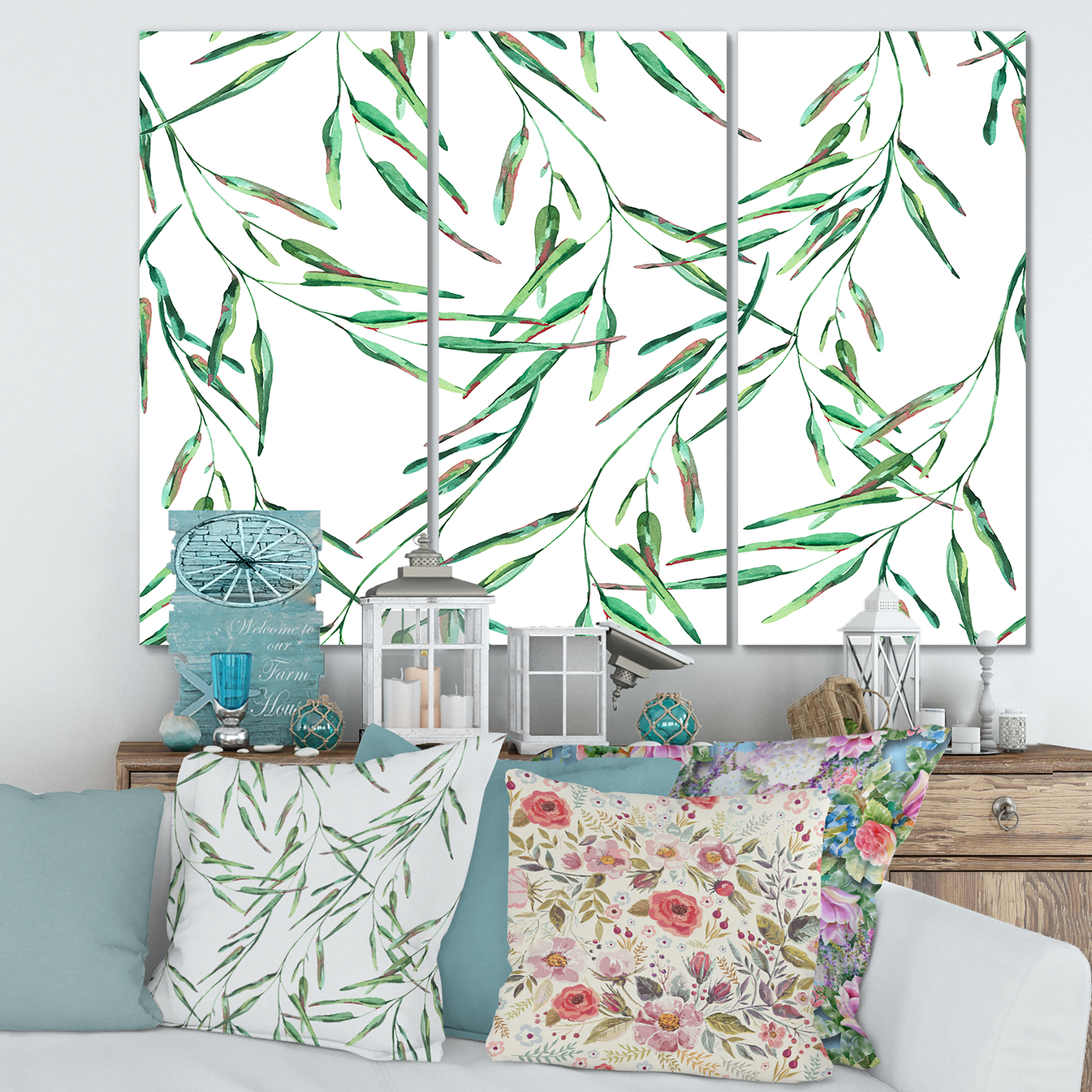 Designart ' Tropical Green Leaves On White In Summer Times II ' Tropical Canvas Wall Art Print