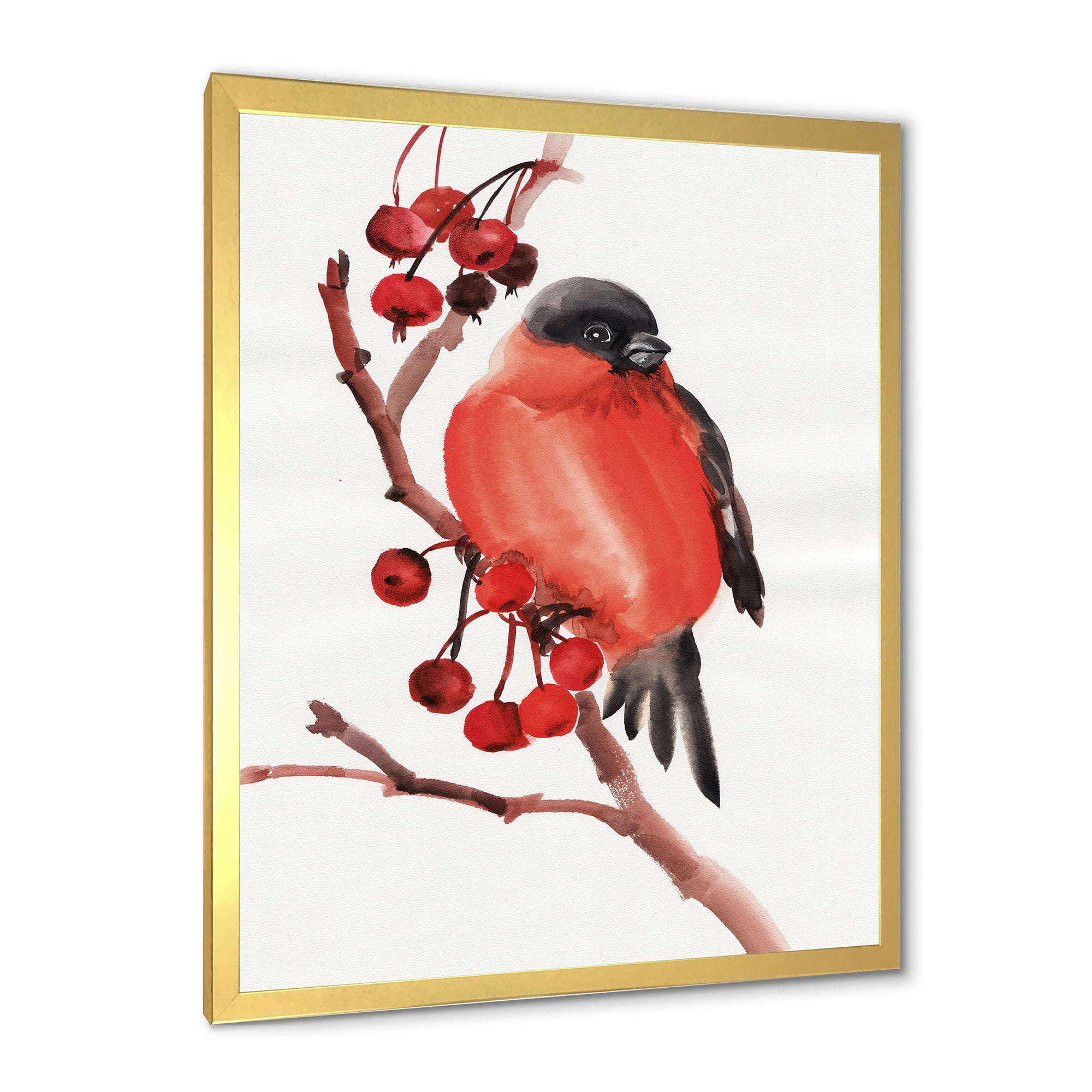 Designart 'Red Bullfinch Bird Sitting On A Branch With Berries' Traditional Framed Art Print