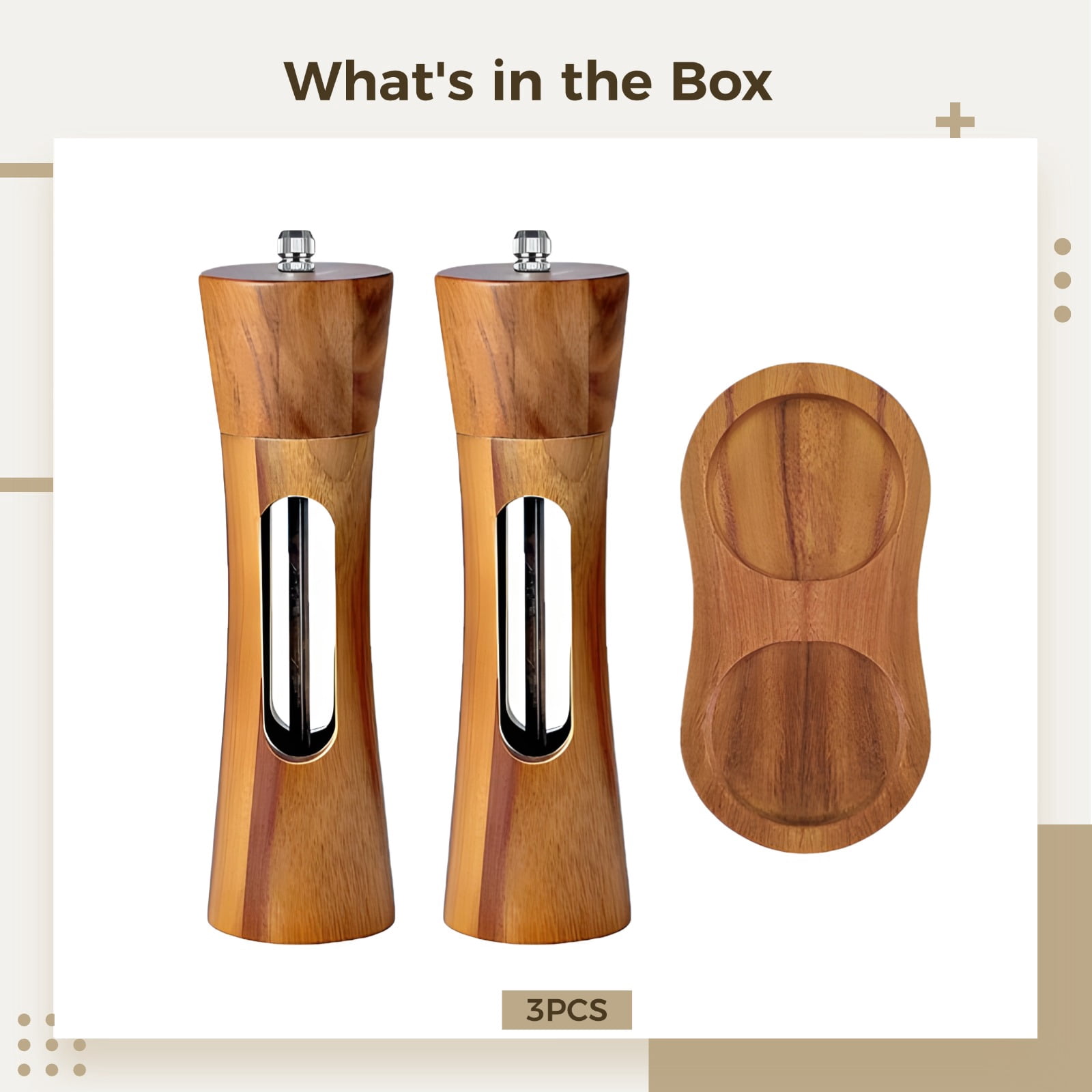 Wooden Pepper and Salt Grinder Set, 2 Adjustable Ceramic Mills with Wooden Base Includes Transparent Windows, Perfect for Spices and Seasoning