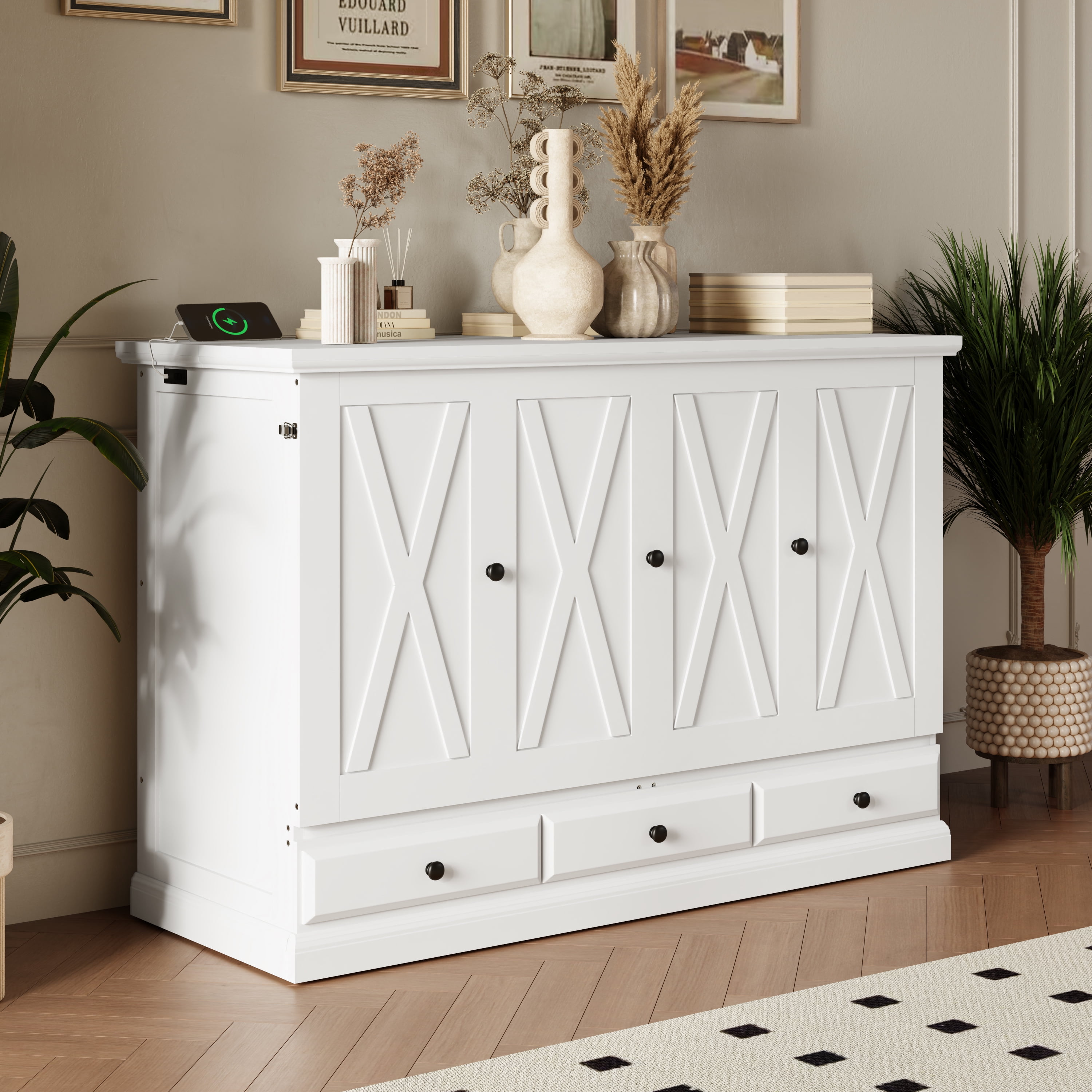 Euroco Wood Queen Murphy Bed with Drawers and USB Charging Station,Convertible for Adults,White