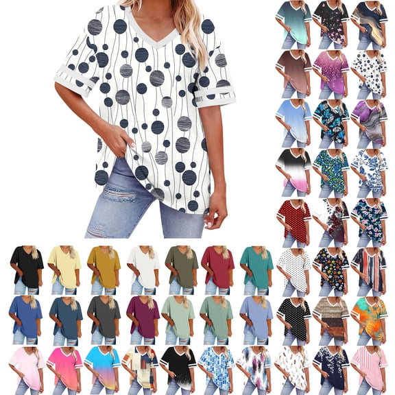 Danhjin Plus Size Shirts for Women Summer Casual Short Sleeve V Neck Printed Tops Solid Color Pullover Loungewear Lightweight Going out Graphic Fashion T Shirts