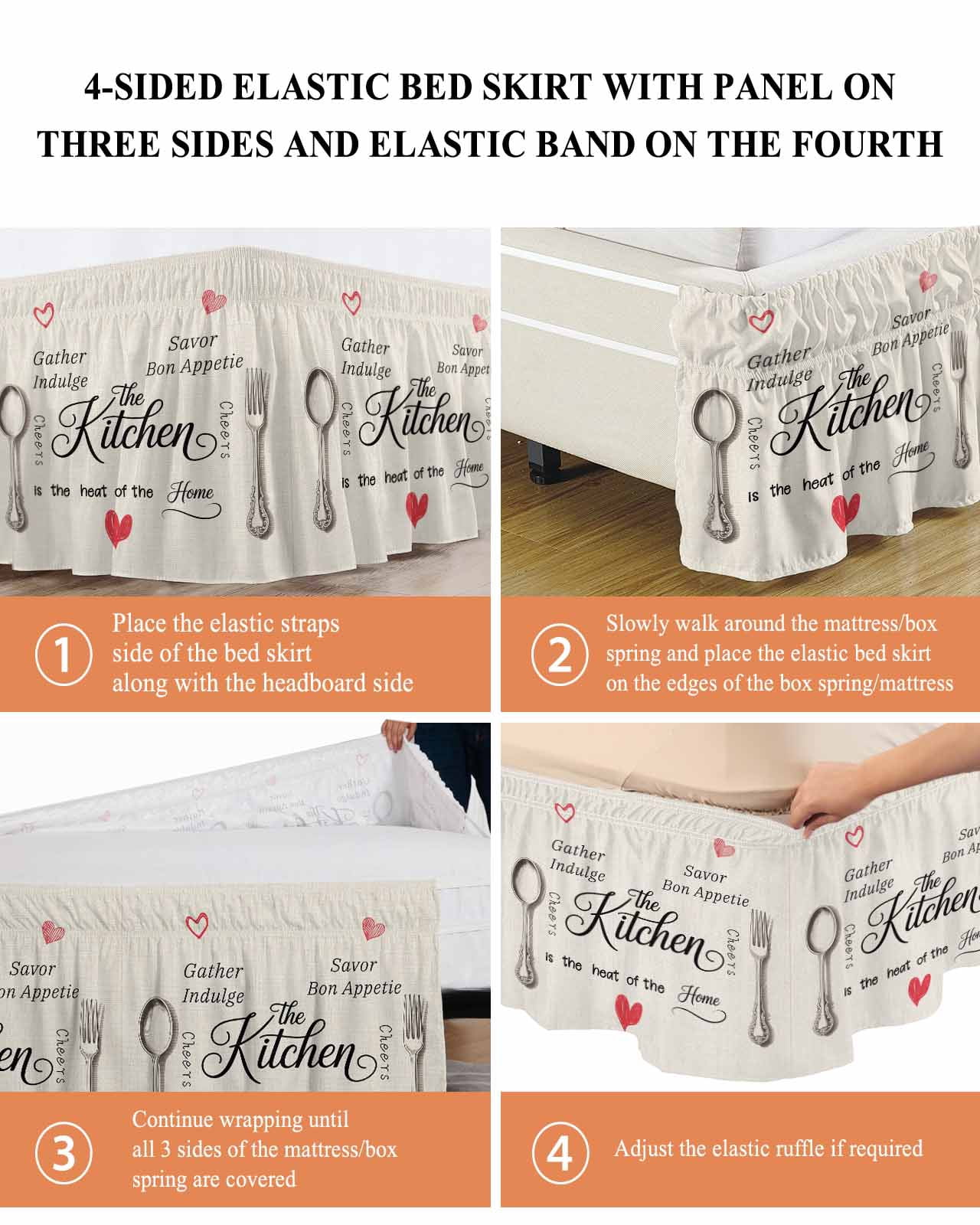 Beige Retro Art Wrap Around Bed Skirts for Queen Bed 18" Drop,Bed Skirt with Adjustable Elastic Belt Dust Ruffle Bed Valance for Bedroom Hotel Spoon Fork Vintage Farmhouse Rustic Bed Frame Cover
