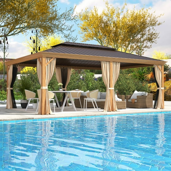 EROMMY 14' x 20' Hardtop Gazebo, Wooden Finish Coated Aluminum Frame Canopy with Double Galvanized Steel Roof, Outdoor Permanent Metal Pavilion with Curtains and Nettings for Patio
