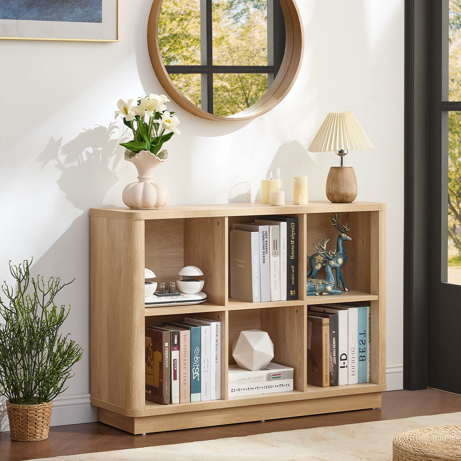 6 Cube Storage Book Shelf, 40.5" Wide Wood Cube Storage Organizer, Wooden 2 Tiers Floor Standing Low Bookcase for Living Room, Home Office, Kids Room