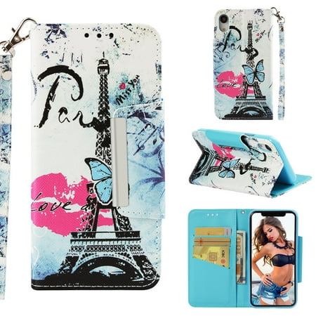 Durable Printing - Case for iPhone Xr, Allytech Premium PU Leather 3D Printing Wallet Case Inner Soft Bumper with Durable Magnetic Closure & Wrist Strap Kickstand Case Compatible with Apple iPhone Xr, Eiffel Tower