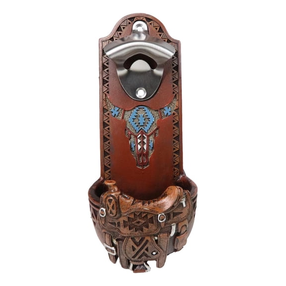 Western Cowboy Country Rustic Horse Saddle With Cow Skull Wall Bottle Opener
