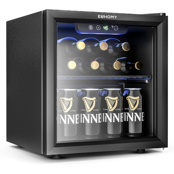 EUHOMY 12 Bottle 48 Can Mini Fridge Cooler, 1.3 Cu.Ft Beverage Refrigerator Glass Door for Beer Soda Wines,Small Refrigerator with Adjustable Shelves and LED Light for Office, Home, Dorm, Bar