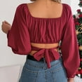 thumbnail image 5 of HAPIMO Women's Fashion Cropped Tops Workout Casual Elegant Clearance Lantern Sleeve Business Tees Outfits Square Neck Pleated Pullovers Slim Chiffon Shirts Vacation Red L, 5 of 7