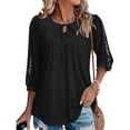 thumbnail image 5 of Yrmaups Loose Fit 3/4 Sleeve Blouse for Women, Casual Lace Tie Front Top, Soft Stretch Tee for Party Office Travel Everyday Wear, Black 2XL, 5 of 6