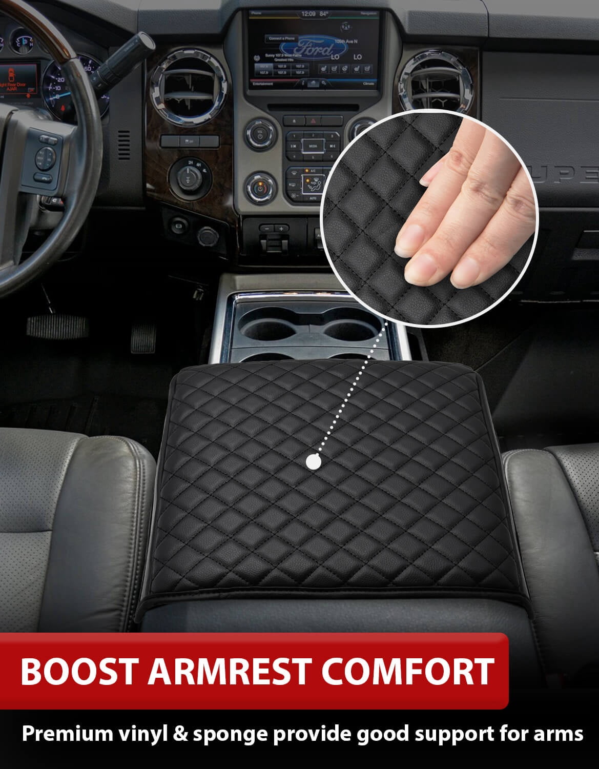 KBH Center Console Cover for 2011-2016 Ford F250 Super Duty, Black Leather Armrest Lid Cushion Pad for F350 F450 F550 Accessories