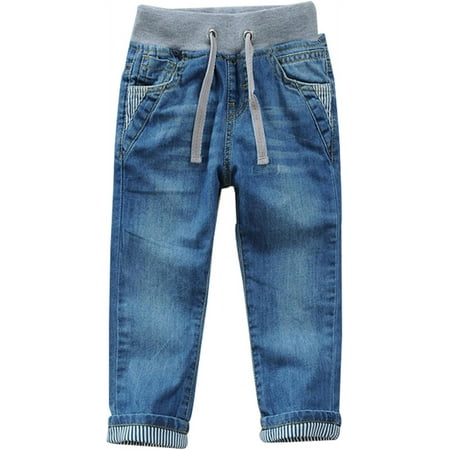 Toddler Kid Boy Elastic Mid Waist Washed Full Length Straight Pants Denim Jeans