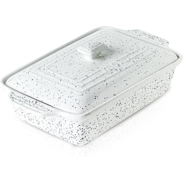 KOOV Ceramic Casserole Dish with Lid, Covered Rectangular Casserole Dish Set, Lasagna Pans with Lid for Cooking, Baking dish With Lid for Dinner, 9 x 13 Inches, Splash Series (Splashed White)