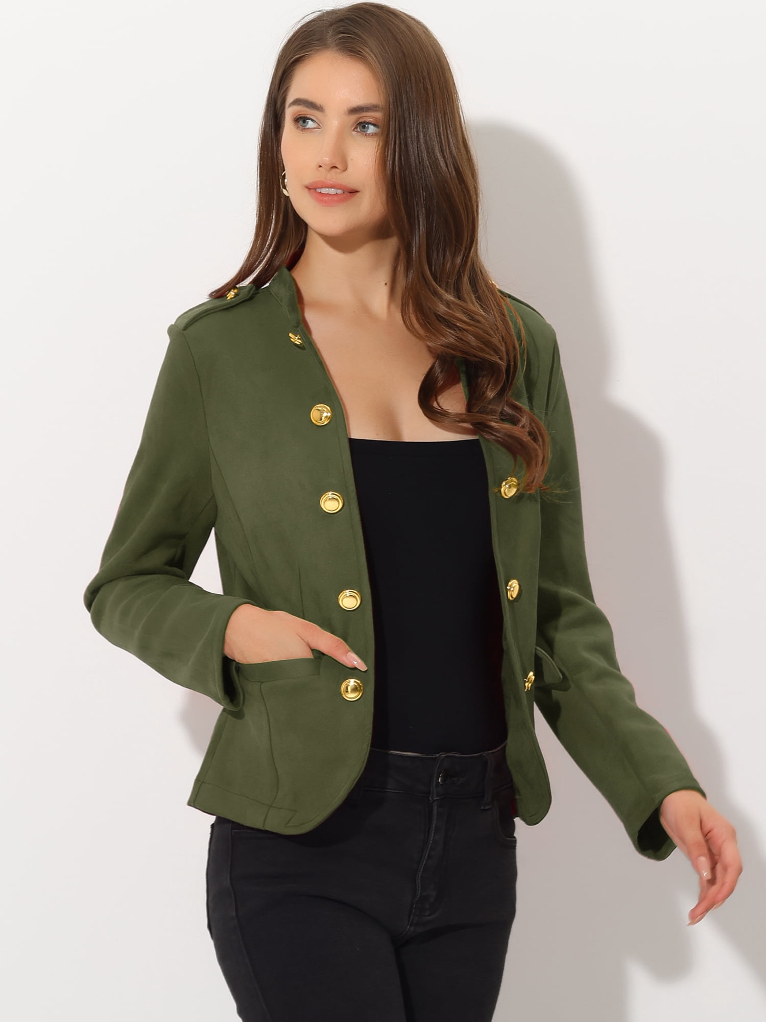 DARING DIVA Faux Suede Long Sleeve Button Decor Steampunk Jacket M Green