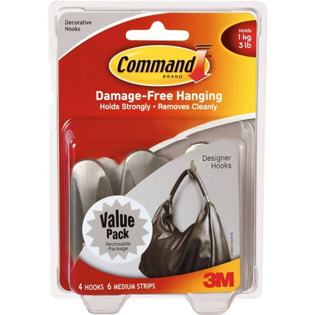 Command Medium Designer Hooks, Brushed Nickel, 4 Hooks, 6 Strips, 17081BNVP-WM