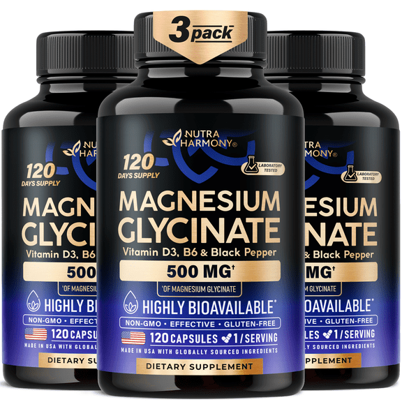Magnesium Glycinate 500 mg - Chelated Supplement - 98% High Absorption - Support for Sleep, Muscle & Heart Health - Made in USA, Lab Tested & Non-GMO - 120 Capsules Pack of 3