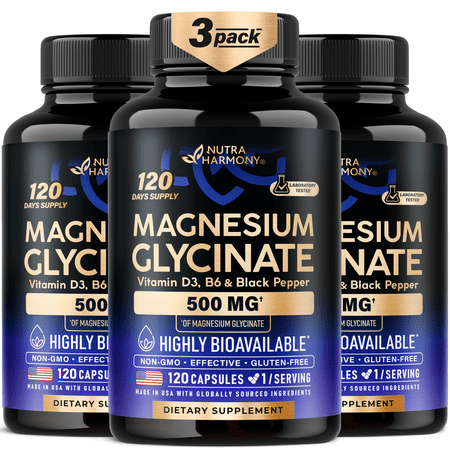 Magnesium Glycinate 500 mg - Chelated Supplement - 98% High Absorption - Support for Sleep, Muscle & Heart Health - Made in USA, Lab Tested & Non-GMO - 120 Capsules Pack of 3