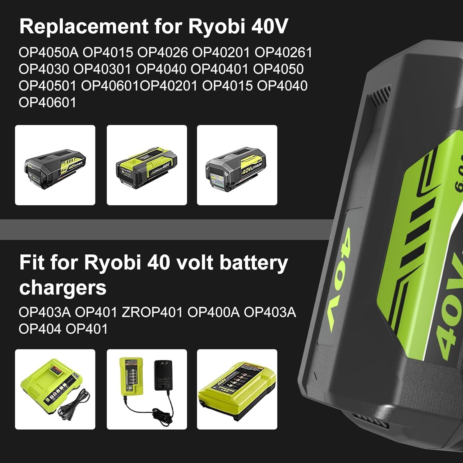 2Pack 6.0Ah Replacement OP4026 Battery + OP401 Charger for Ryobi 40V Battery and Charger Combo OP40602 OP40501 OP40401 OP4050A OP4040 OP4030 Compatible with Ryobi 40 Volt Battery and Power Tools