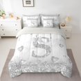 thumbnail image 2 of Manfei Fashion Initial S Letter Bedding Comforter Set 7 Pieces, Glitter Diamond Love Heart Full Bedding Set, Princess Grey Bowknot Reversible Fitted Sheet Flat Sheet, Luxury Bedroom Decor, 2 of 7