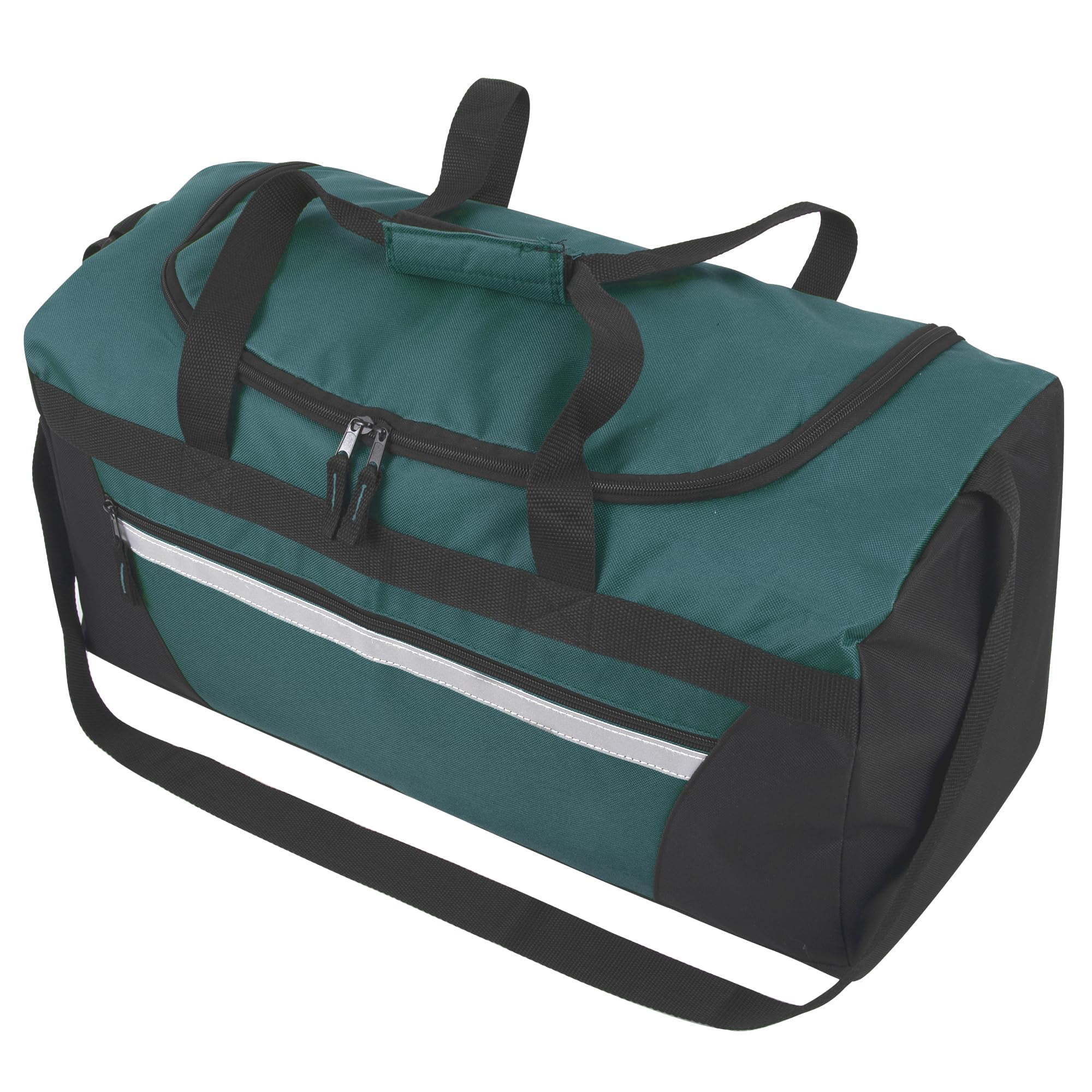 24 Pack of Bulk Wholesale 40 Liter 22 Inch Duffle Bags with Reflective Stripe, Front Accessory Pocket, Velcro Handles and Luggage Strap for Sports, Gym & Traveling in Green